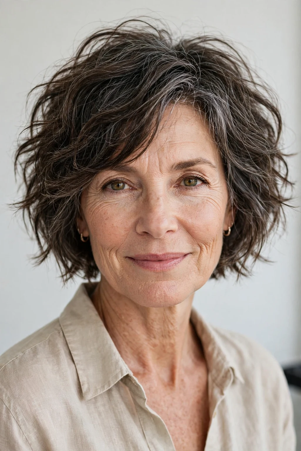 Elegant woman over 50 with tousled bob, carefree chic texture, casual light.