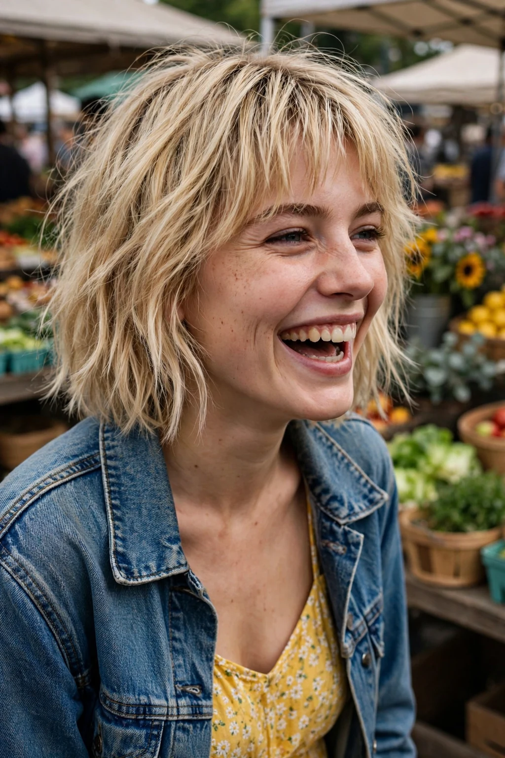 Young woman with a tousled bob with messy bangs hairstyle, carefree and lived-in.