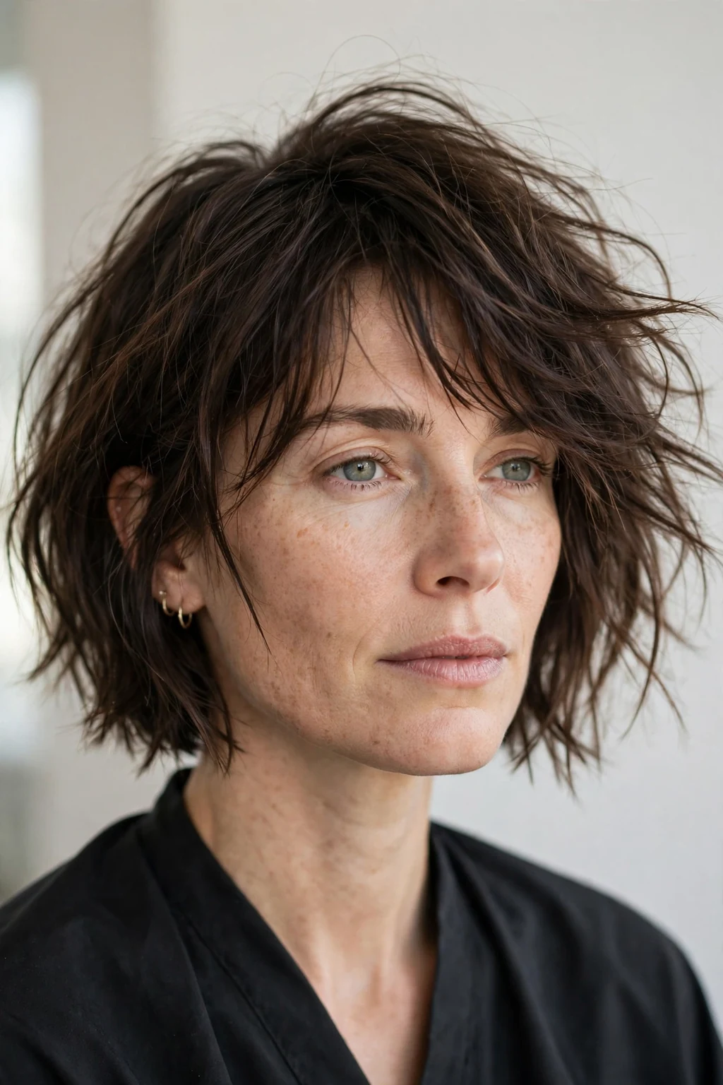 Woman with tousled choppy bob, windswept texture with natural movement, airy light.