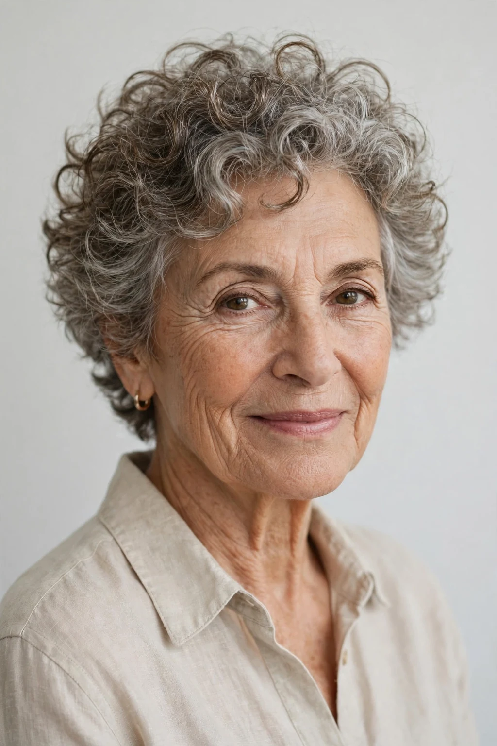Elegant woman over 60 with tousled curly crop, carefree natural curls, relaxed light.