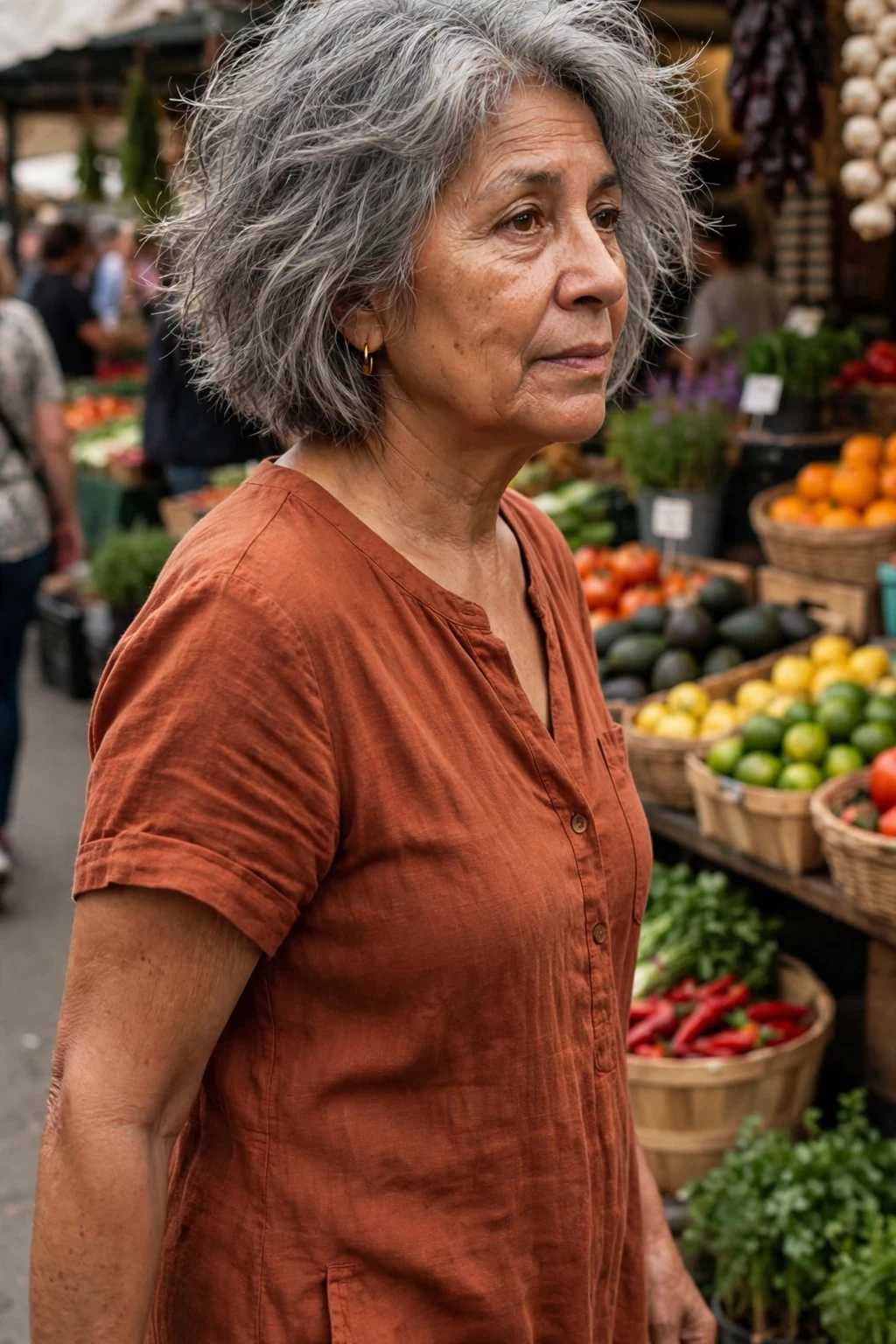 A mature Hispanic woman in her sixties with a tousled gray bob, wearing a rust dress at a weekend market.