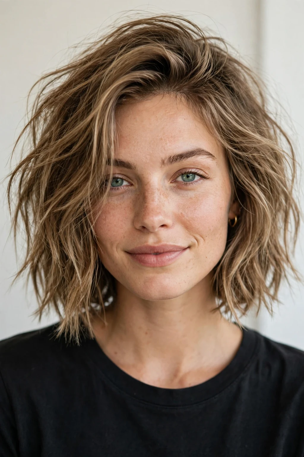 Woman with tousled lob, carefree chic texture, casual light.