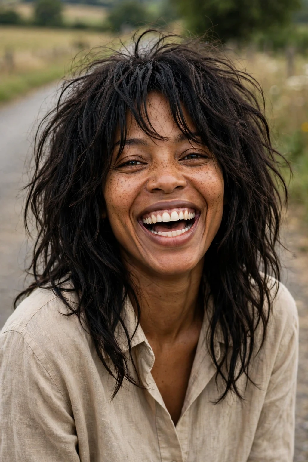 Beautiful woman with tousled long shag, carefree tousled long shag, windswept light.