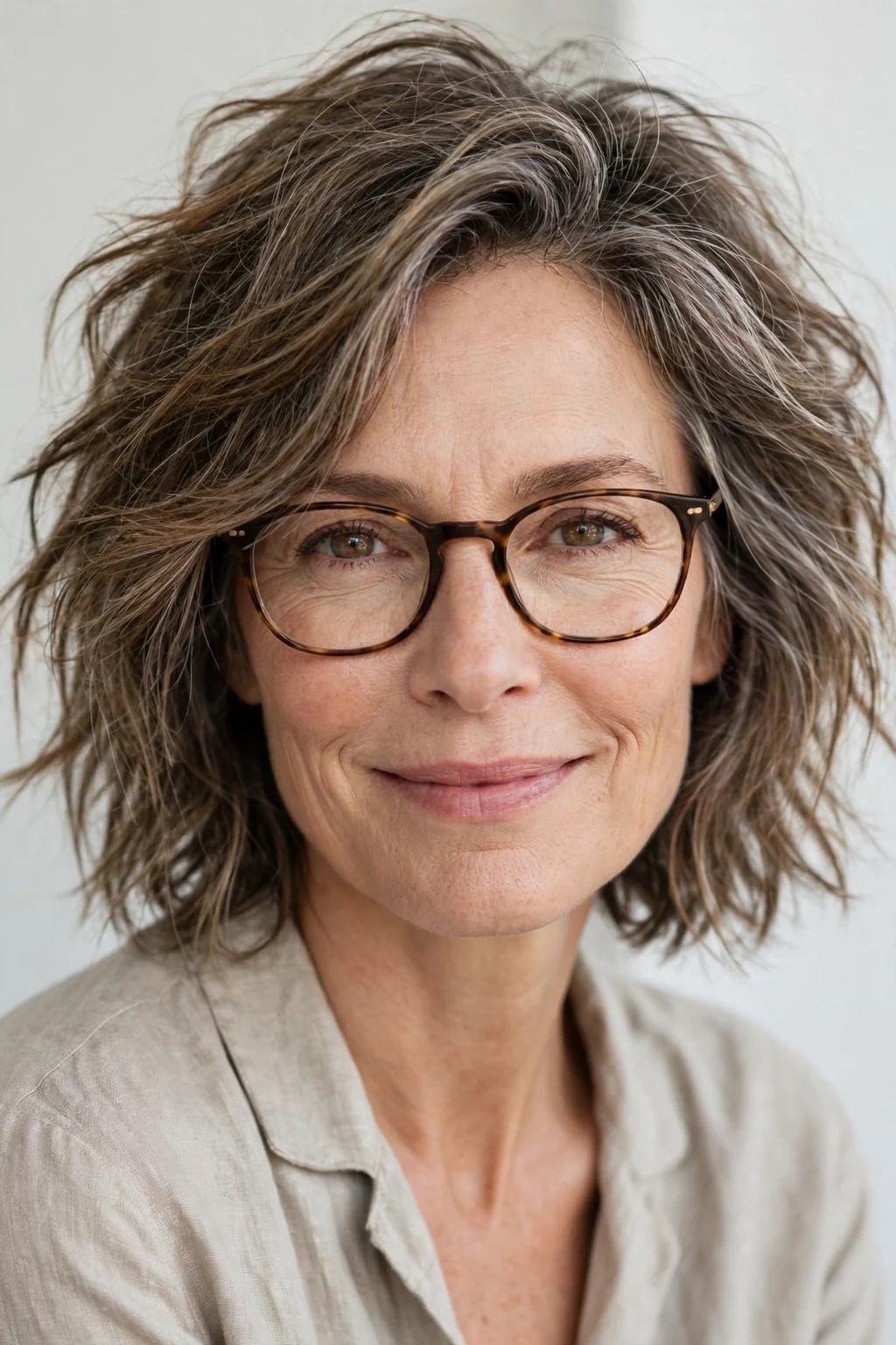 Elegant woman over 50 with glasses and tousled medium cut, carefree chic texture, casual light.