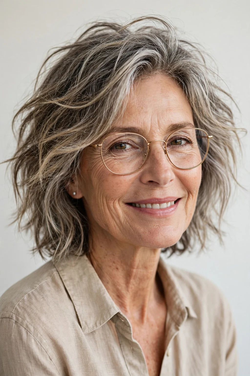 Elegant woman over 60 with glasses and tousled medium cut, carefree chic texture, casual light.