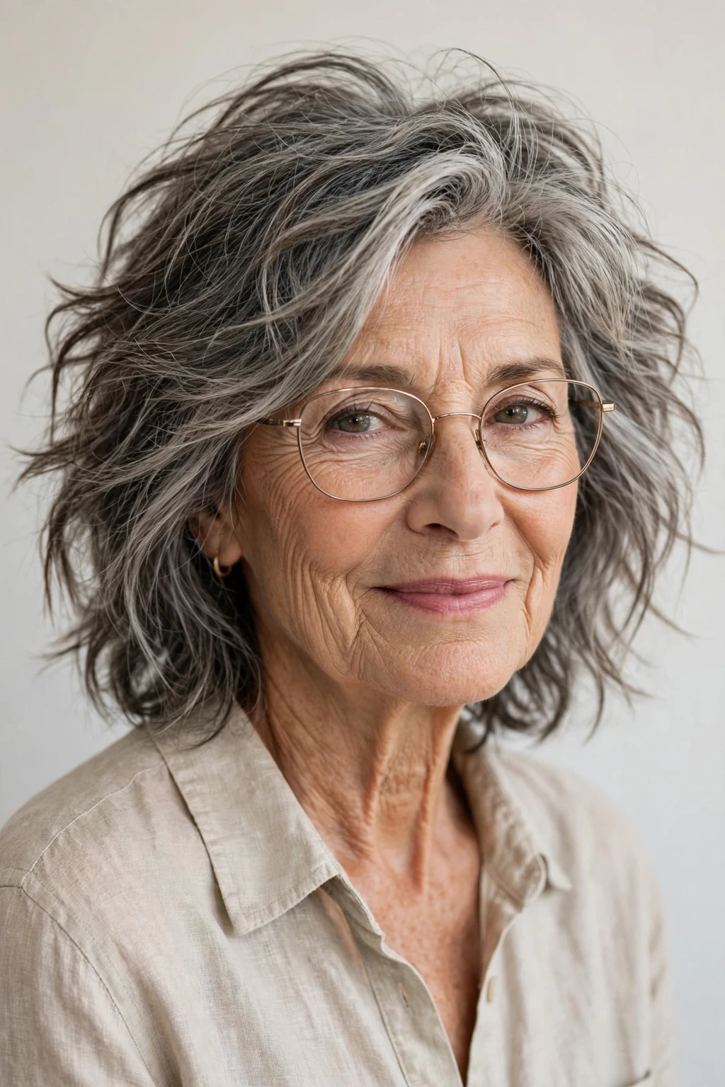 Elegant woman over 70 with glasses and tousled medium cut, carefree chic texture, casual light.