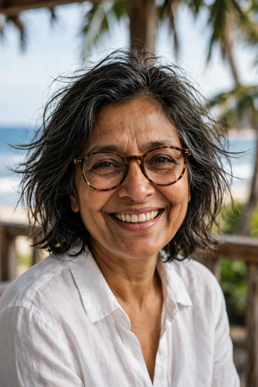 Elegant older woman over 50 with fine hair and glasses and tousled medium cut, carefree chic texture, casual light.