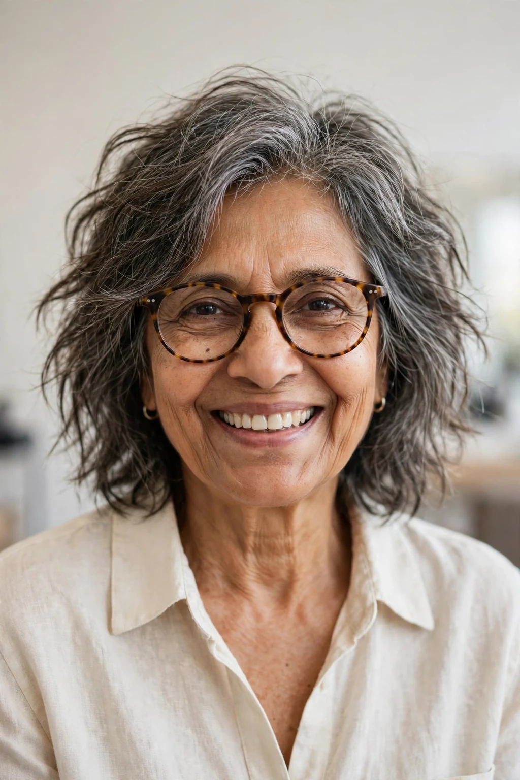 Elegant woman over 60 with fine hair and glasses and tousled medium cut, carefree chic texture, casual light.