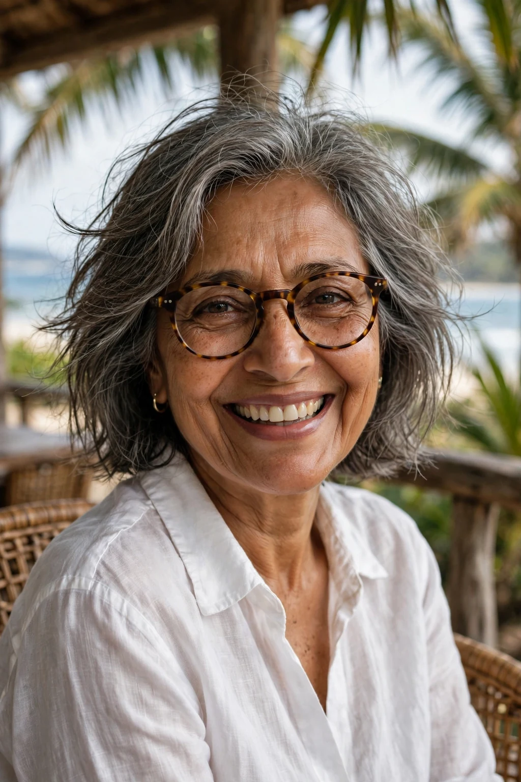 Elegant woman over 60 with fine hair and glasses and tousled medium cut, carefree chic texture, casual light.