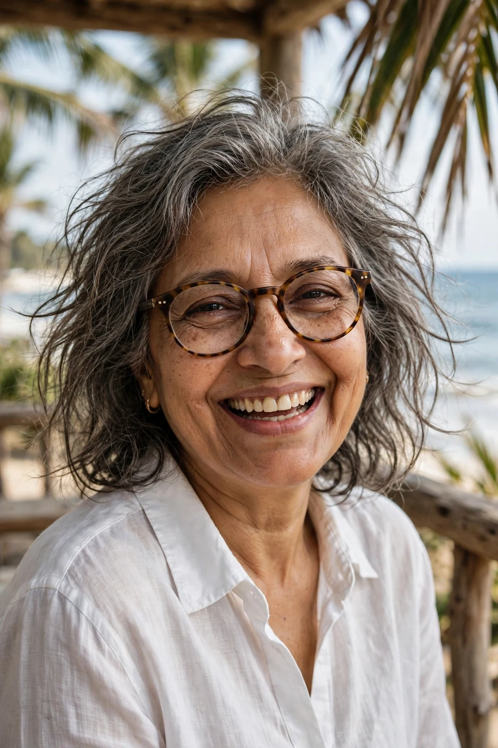 Elegant woman over 60 with fine hair and glasses and tousled medium cut, carefree chic texture, casual light.
