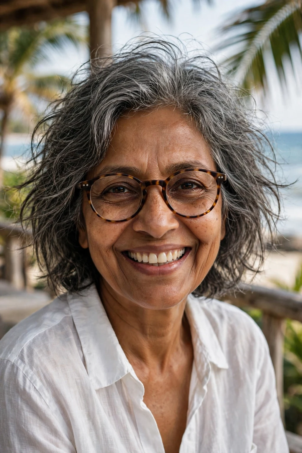 Elegant woman over 60 with fine hair and glasses and tousled medium cut, carefree chic texture, casual light.