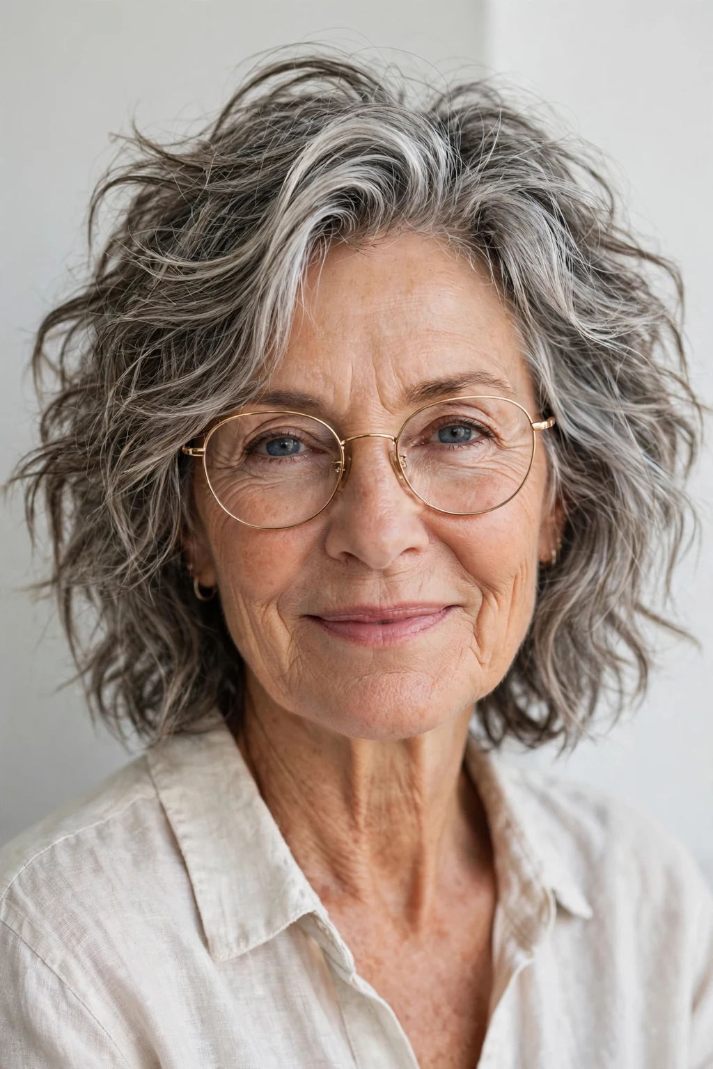 Elegant older woman with glasses and tousled medium cut, carefree chic texture, casual light.