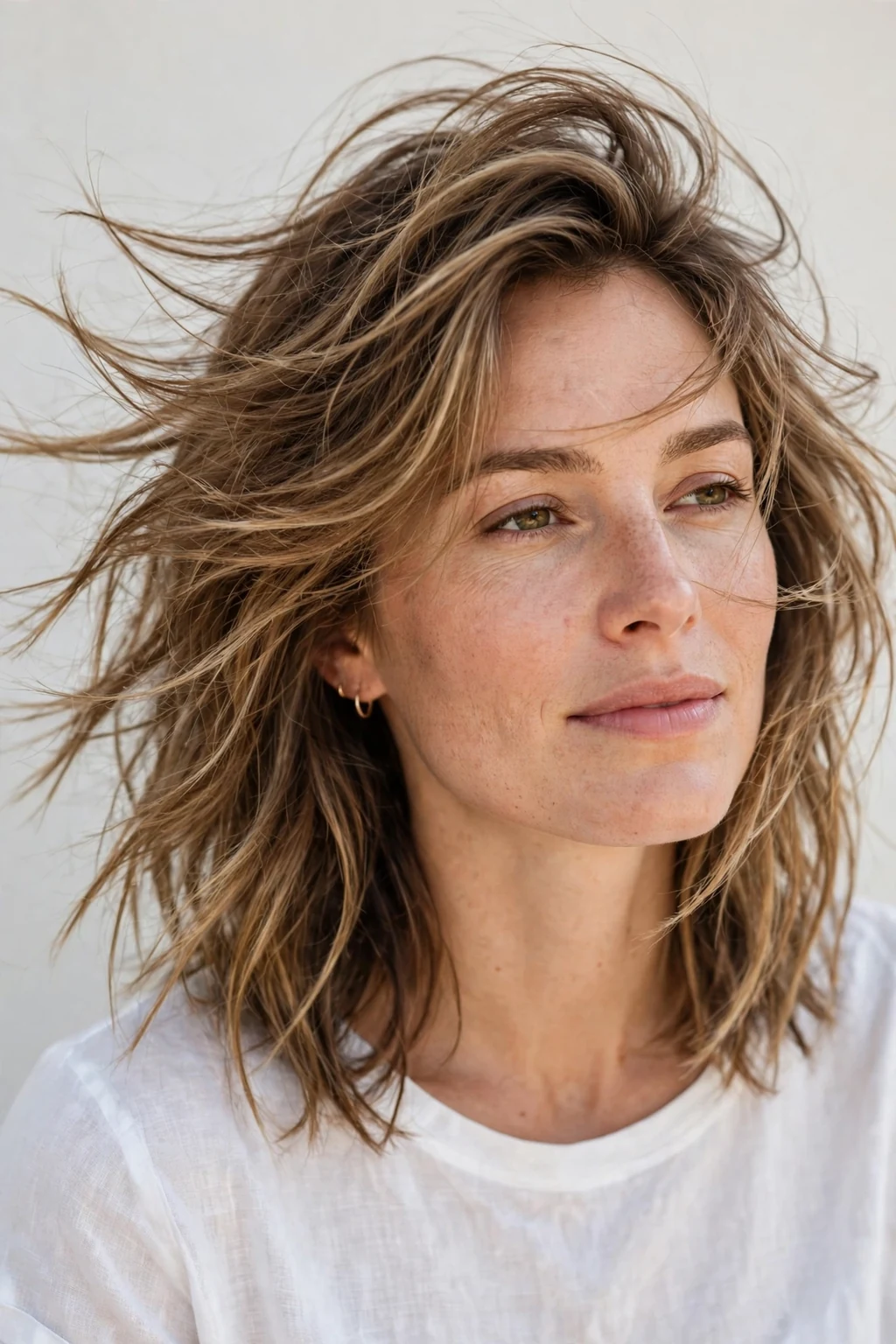 Woman with tousled medium cut, carefree windswept texture, casual light.