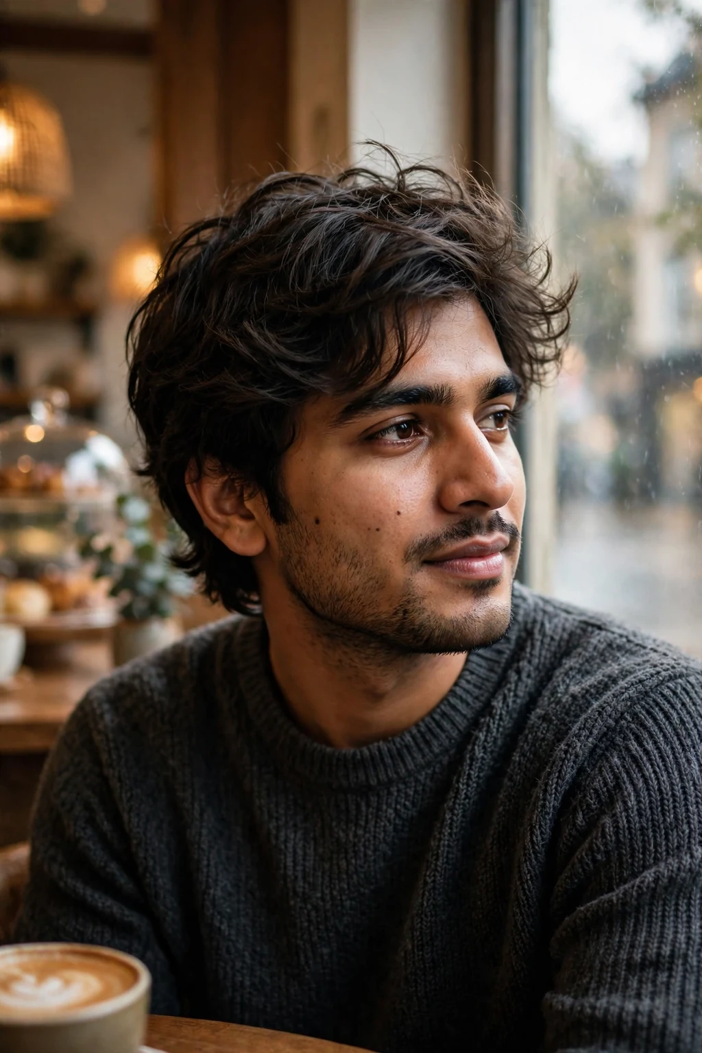 Young man with tousled medium layers for thick hair, wearing a charcoal knit sweater in a cafe.