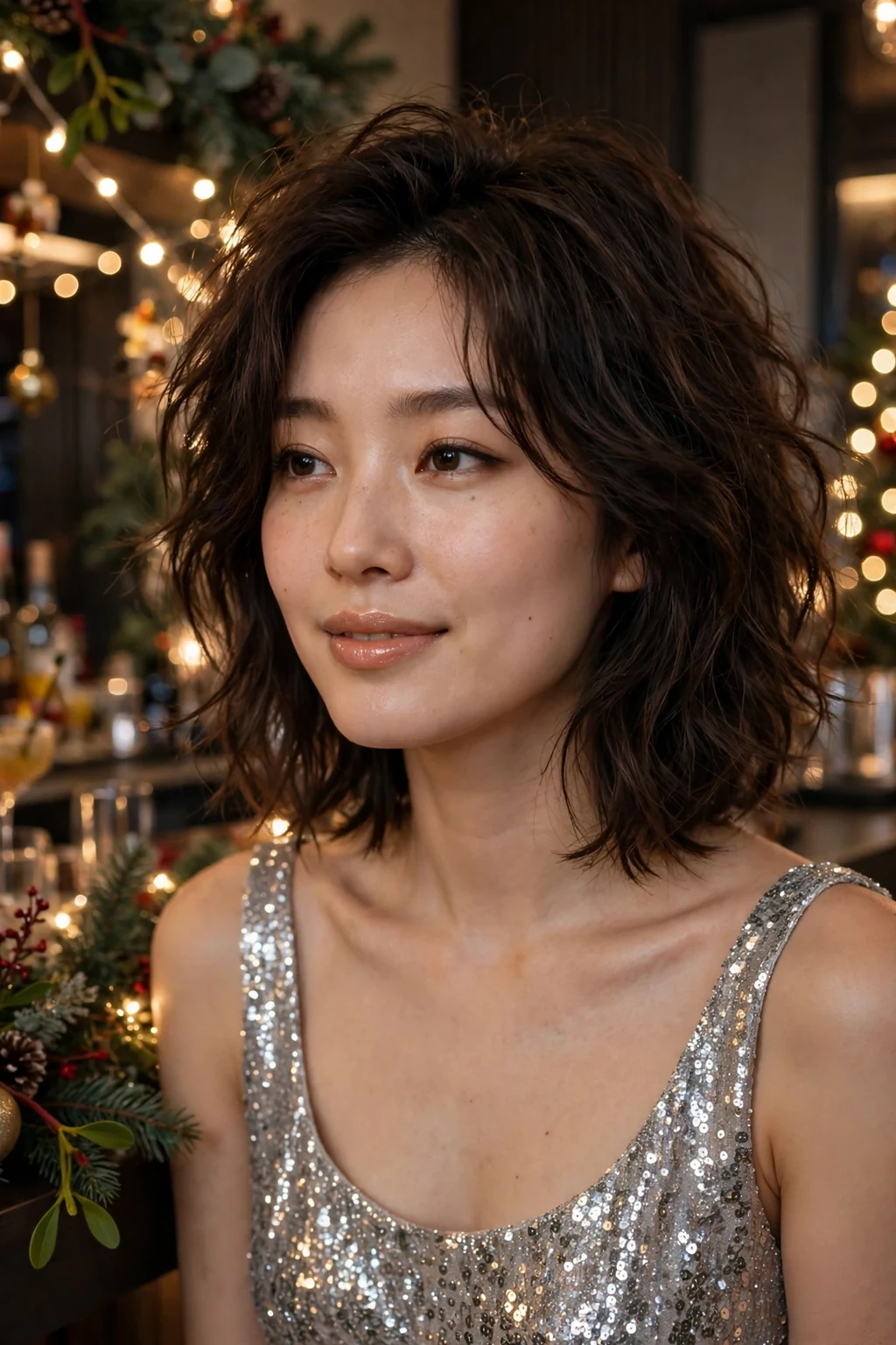 Young woman with a tousled party lob with textured waves, wearing a silver sequin dress.