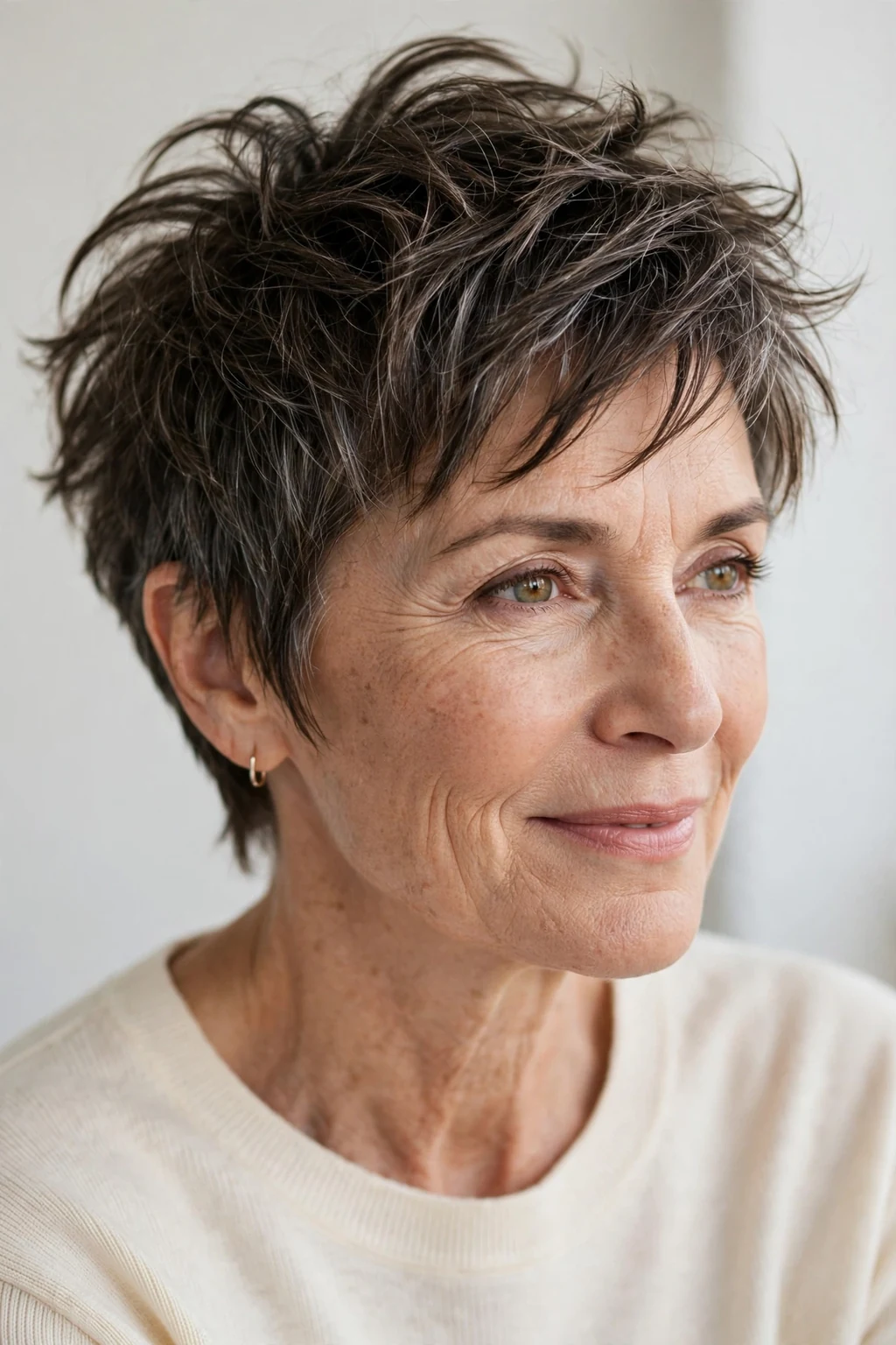Elegant woman over 50 with tousled pixie, carefree chic texture, casual light.