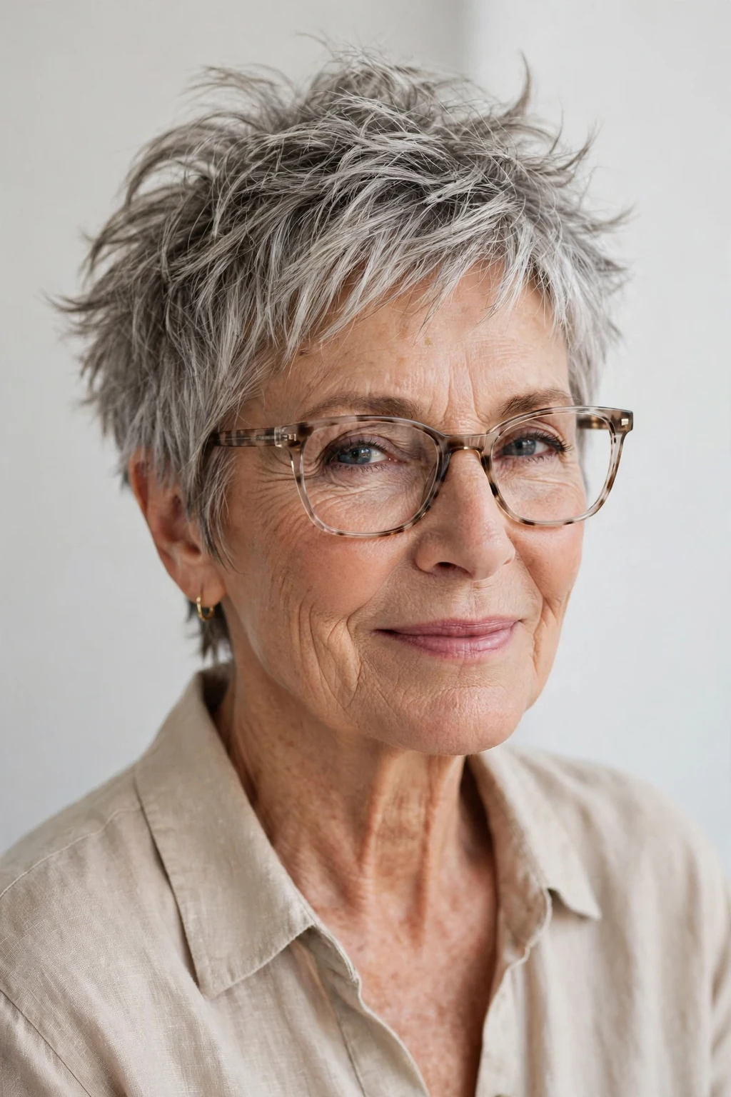 Elegant woman over 60 with glasses and tousled pixie, carefree chic texture, casual light.