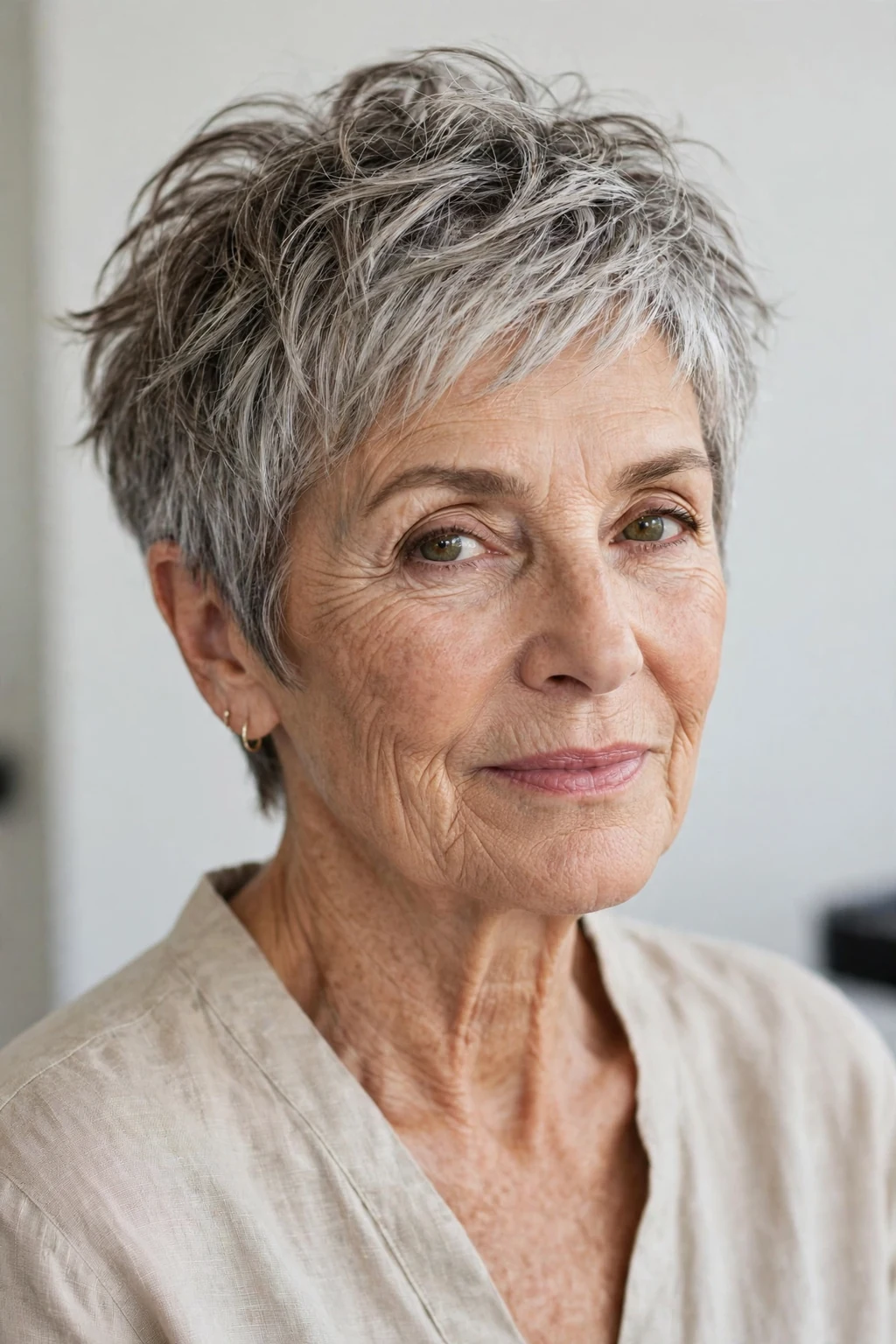 Elegant woman over 60 with tousled pixie, carefree chic texture, casual light.