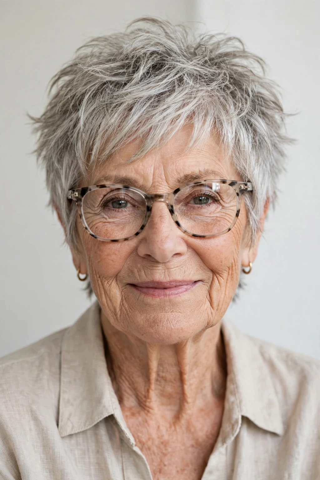 Elegant woman over 70 with glasses and tousled pixie, carefree chic texture, casual light.