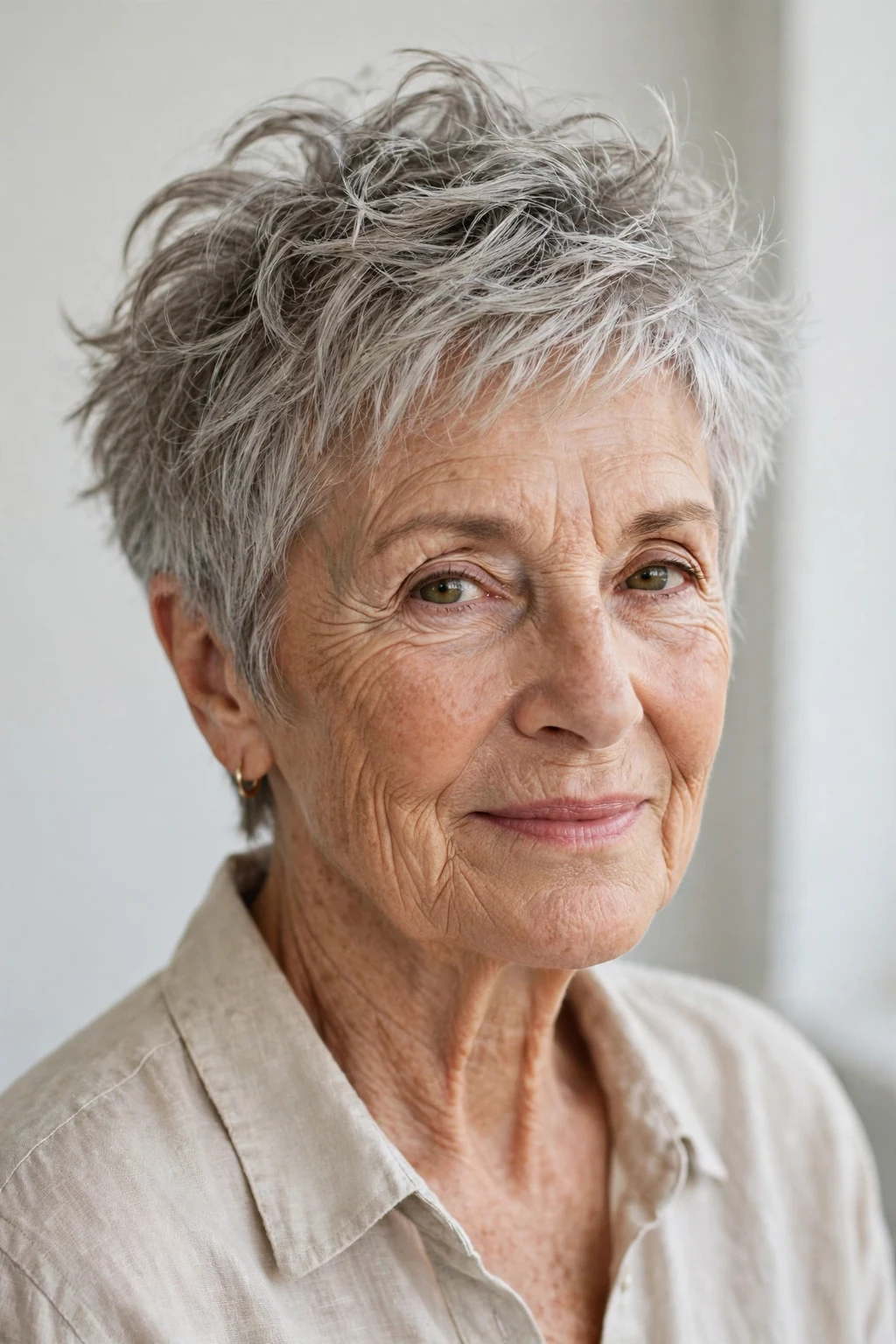 Elegant woman over 70 with tousled pixie, carefree chic texture, casual light.