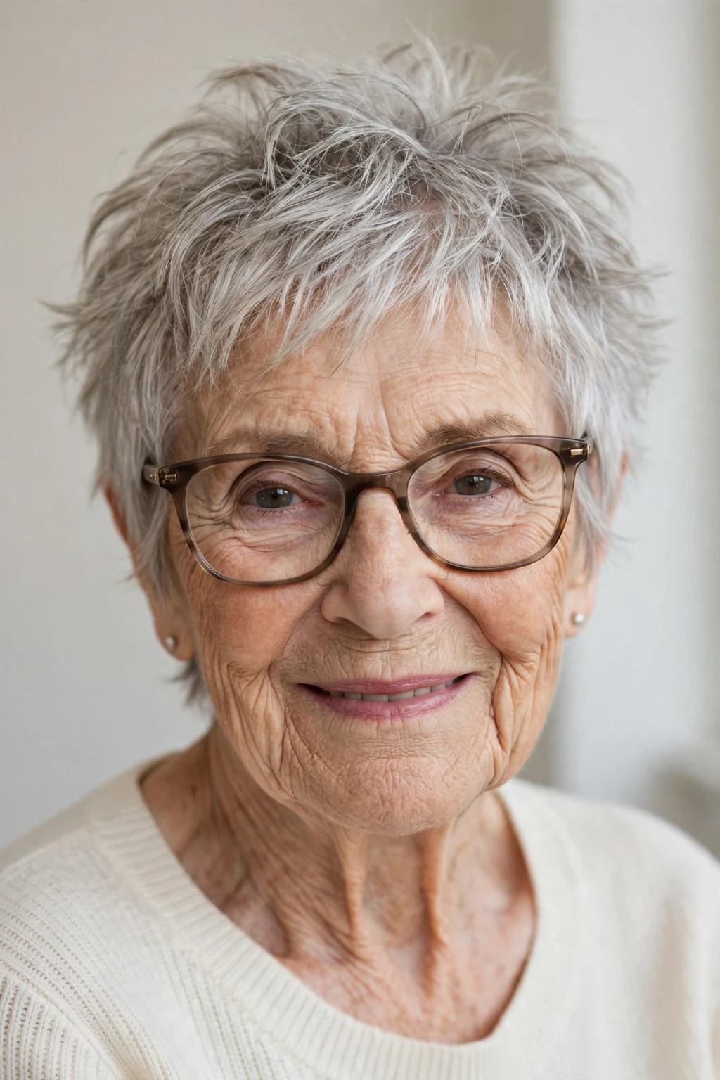 Elegant woman over 80 with glasses and tousled pixie, carefree chic texture, casual light.