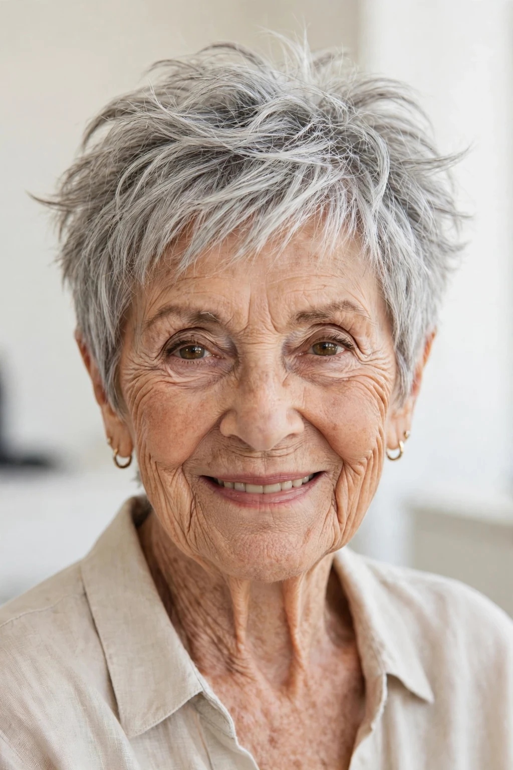 Elegant woman over 80 with tousled pixie, carefree chic texture, casual light.