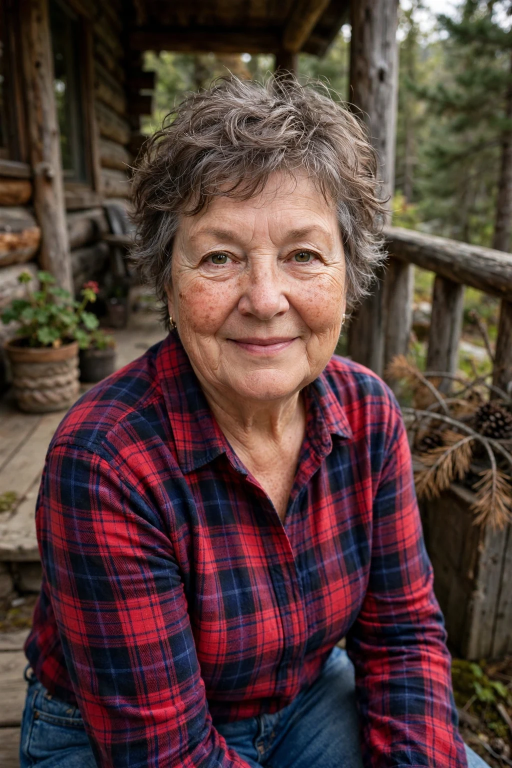Mature woman with a tousled pixie bob short haircut for fine hair, styled with soft volume.