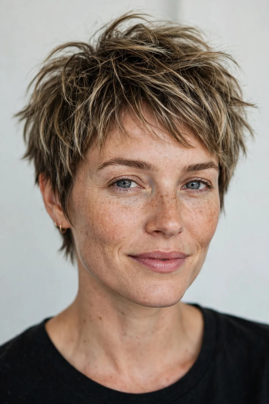 Woman with tousled pixie, carefree texture with lift, casual bright light.