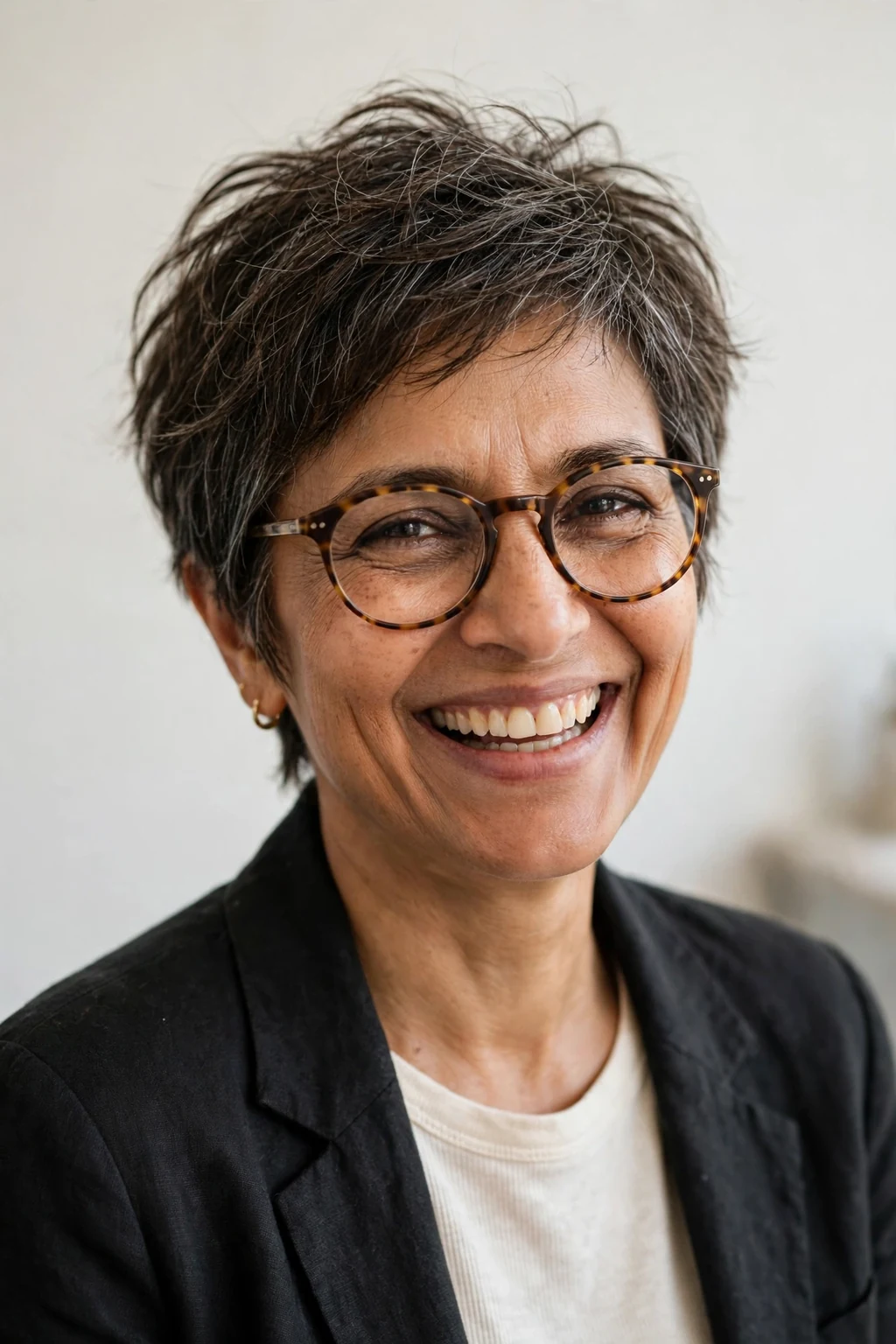 Elegant woman over 50 with fine hair and glasses and tousled pixie, carefree chic texture, casual light.