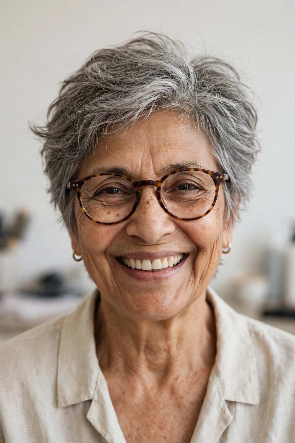 Elegant older woman with fine hair and glasses and tousled pixie, carefree chic texture, casual light.