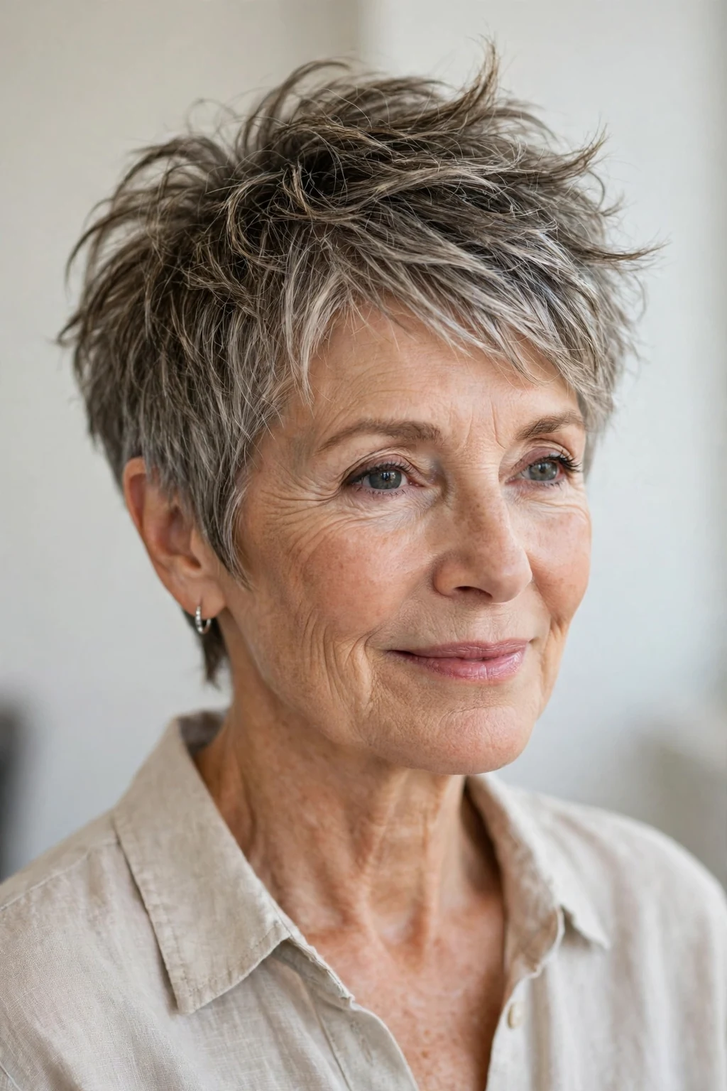 Elegant older woman with tousled pixie, carefree chic texture, casual light.