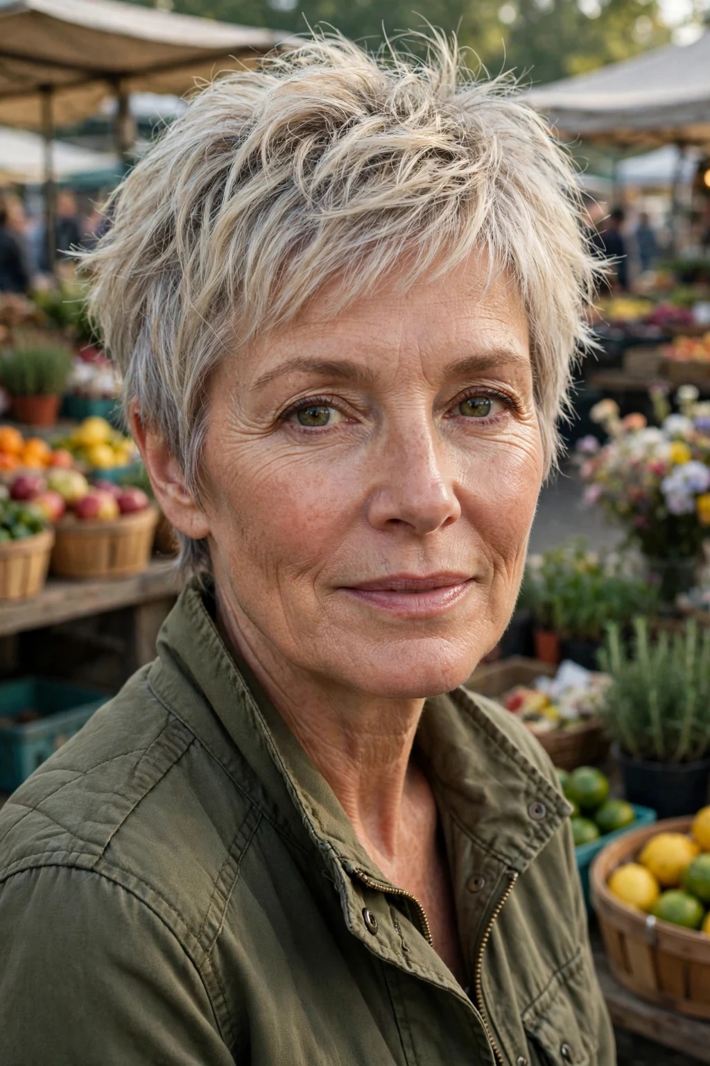 A woman in her late fifties with a tousled pixie haircut, wearing an olive jacket at a weekend market.