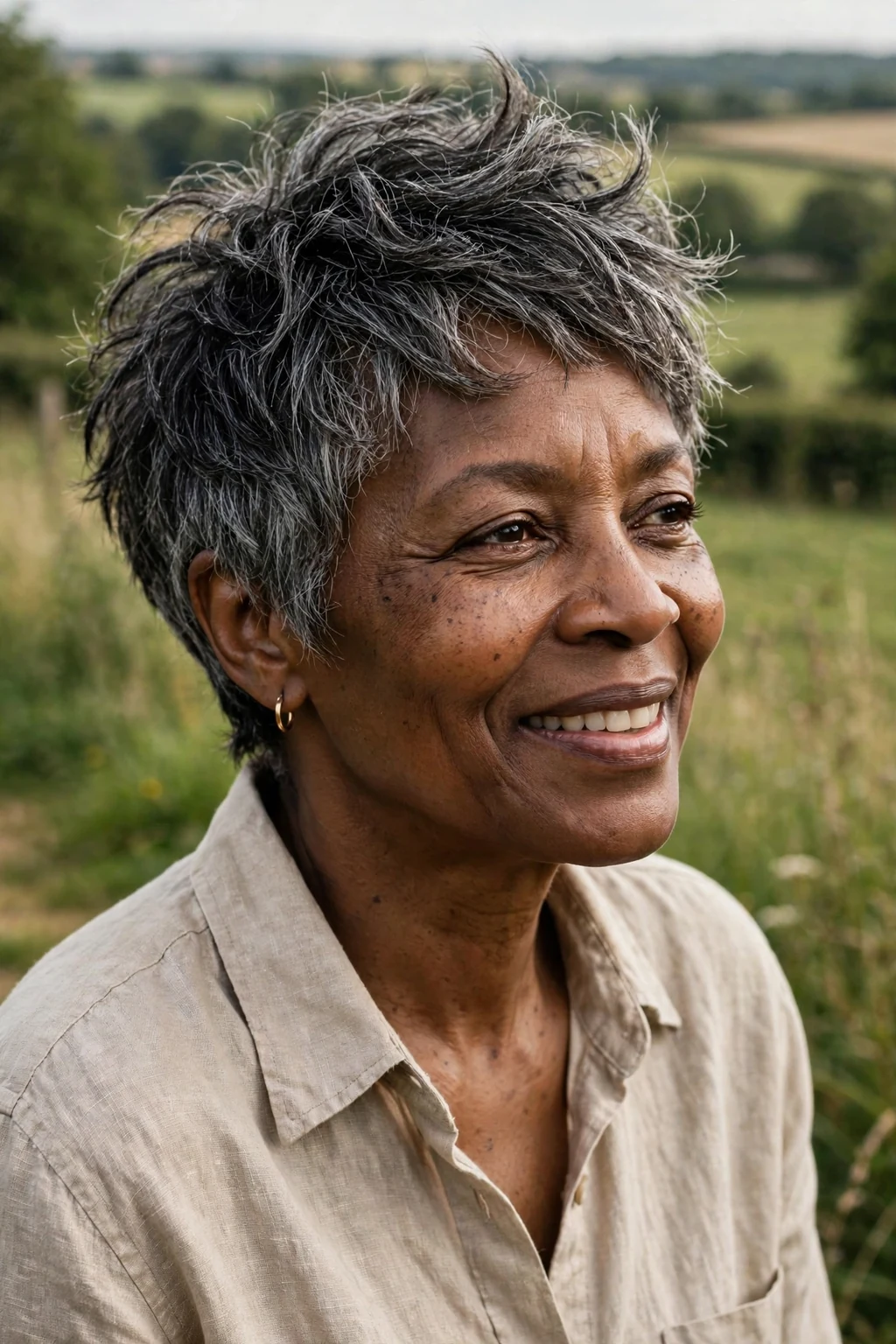 Beautiful older woman with tousled pixie wash-and-wear, carefree tousled pixie, relaxed light.