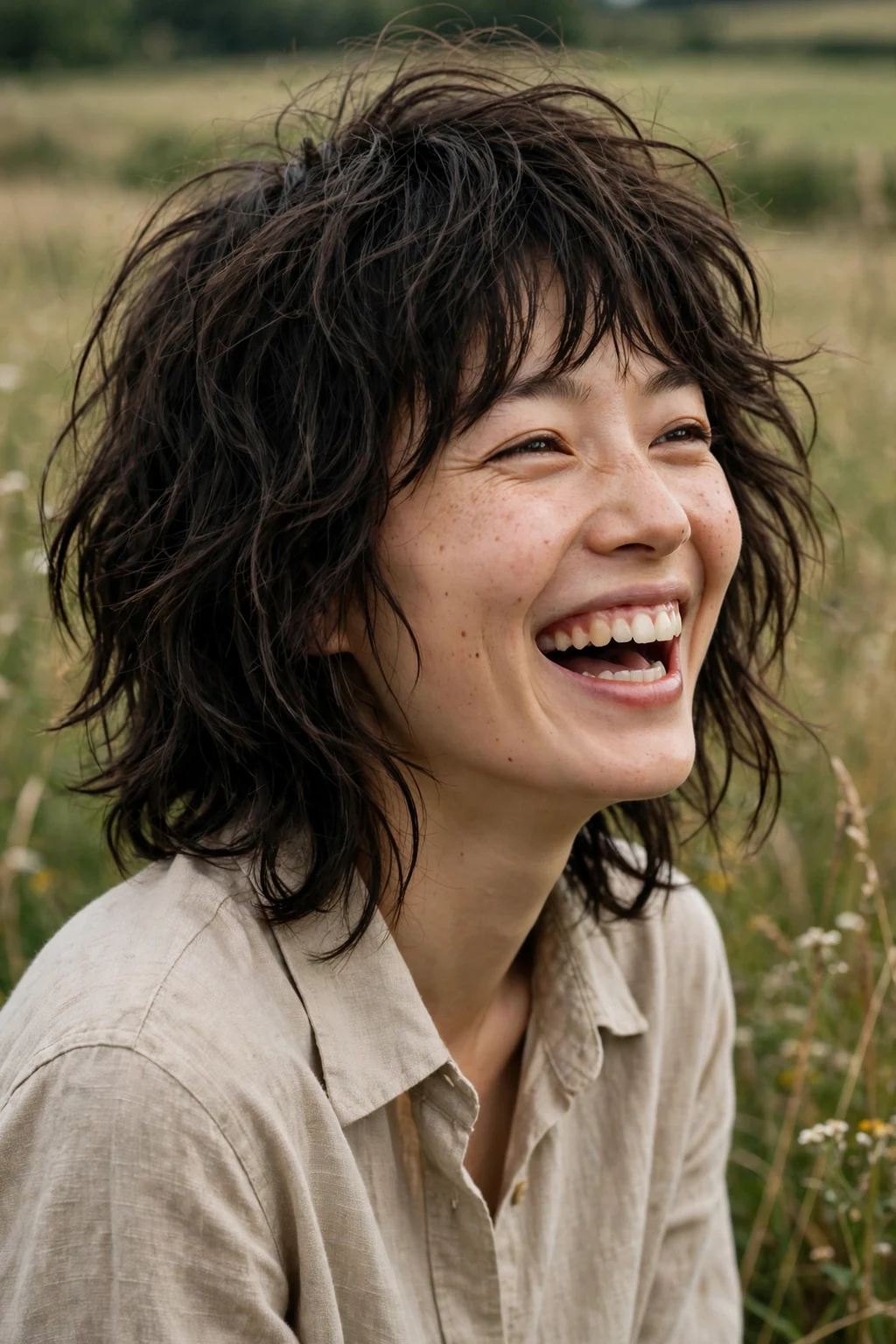 Beautiful woman with tousled shag cut, carefree tousled shag, casual light.