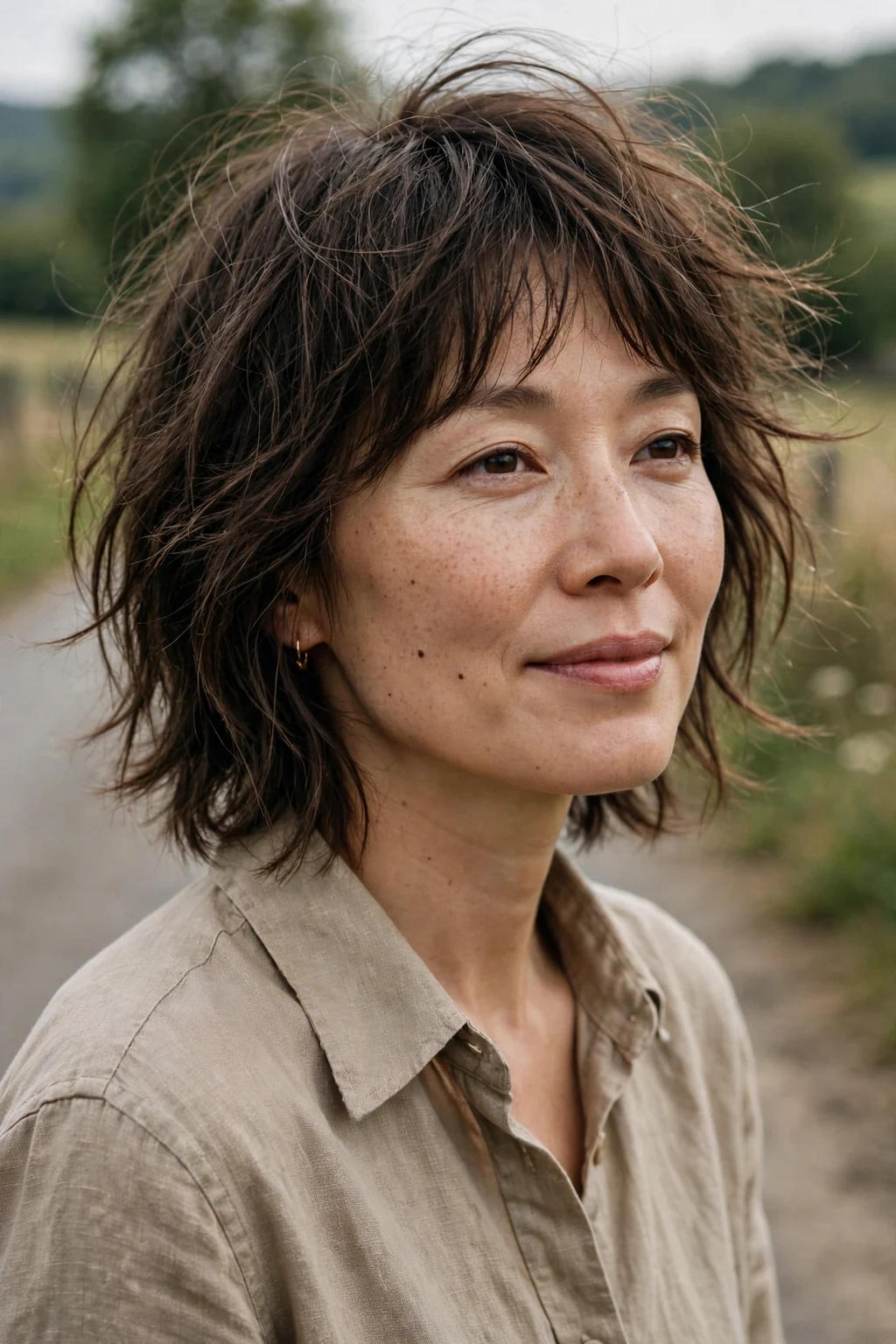 Beautiful woman with fine hair and tousled shag, carefree tousled shag, windswept light.