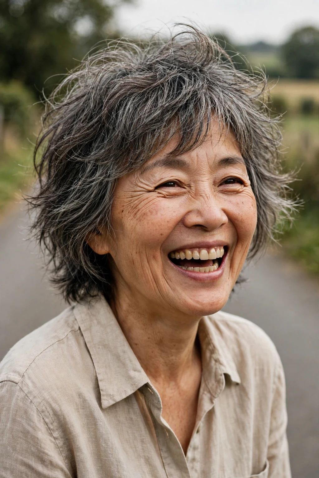 Beautiful woman over 60 with tousled shag, carefree tousled shag, windswept light.