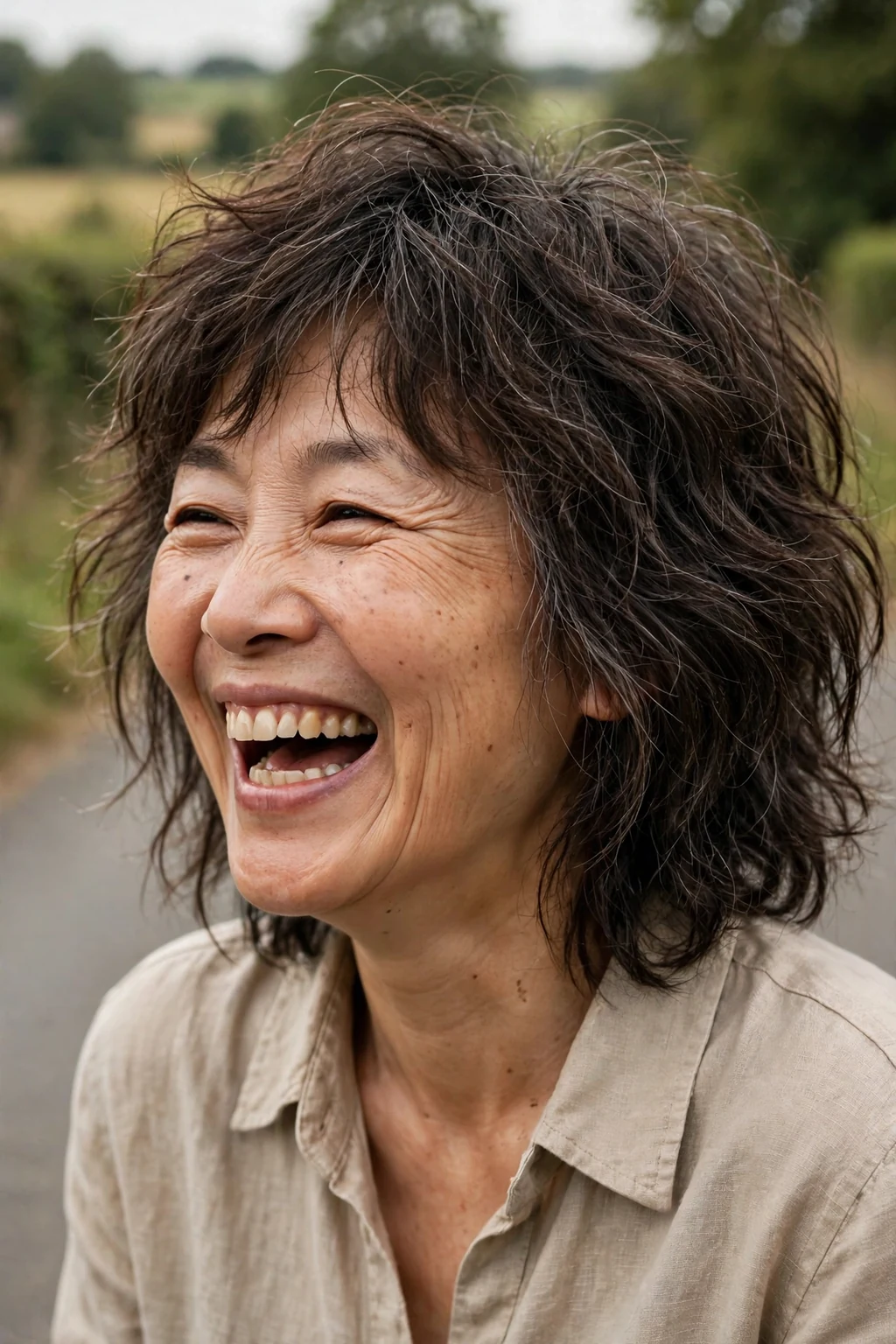 Beautiful woman over 50 with tousled shag, carefree tousled shag, windswept light.