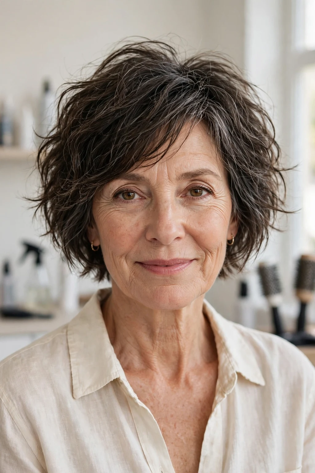 Elegant woman over 50 with tousled short bob, carefree chic texture, casual light.