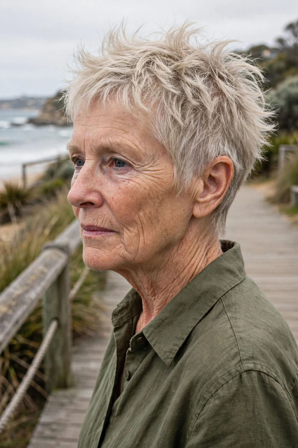Mature woman over 50 with a tousled short crop haircut for fine thin hair, styled and full of volume.