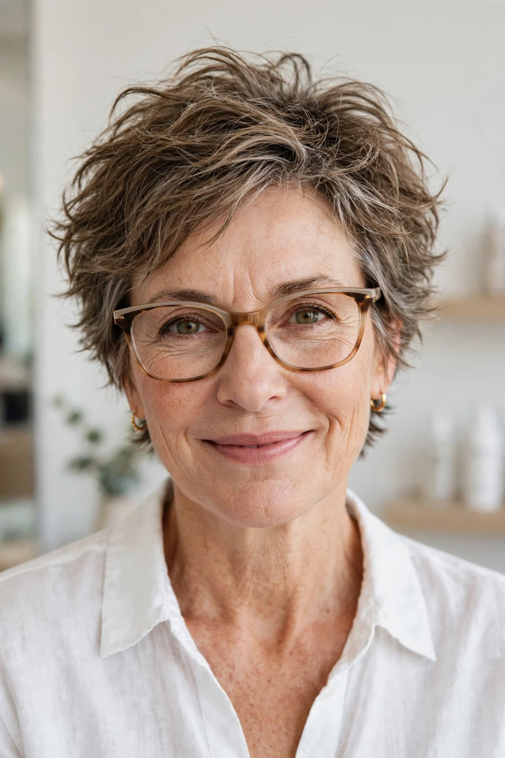 Elegant woman over 50 with glasses and tousled short cut, carefree chic texture, casual light.