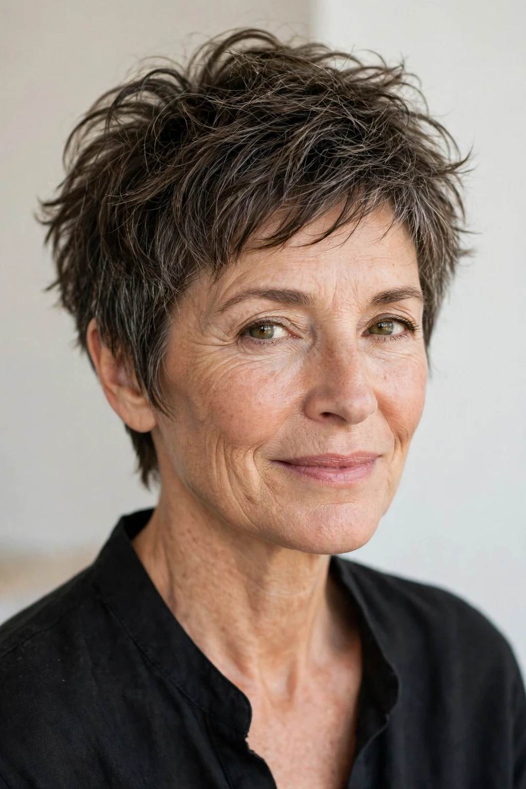 Elegant woman over 50 with tousled short cut, carefree chic texture, casual light.