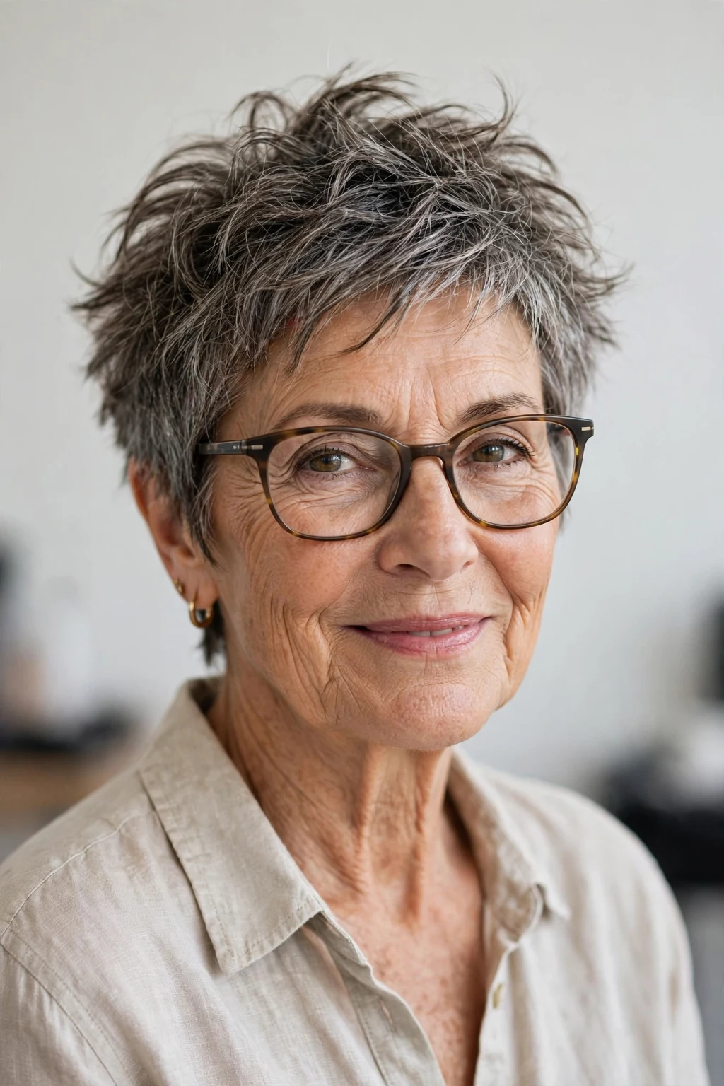 Elegant woman over 60 with glasses and tousled short cut, carefree chic texture, casual light.
