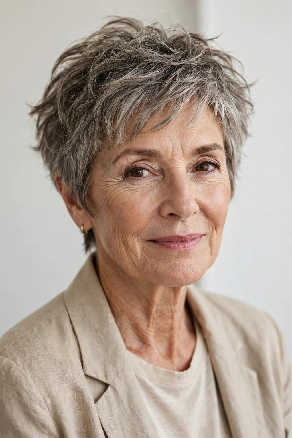 Elegant woman over 60 with tousled short cut, carefree chic texture, casual light.