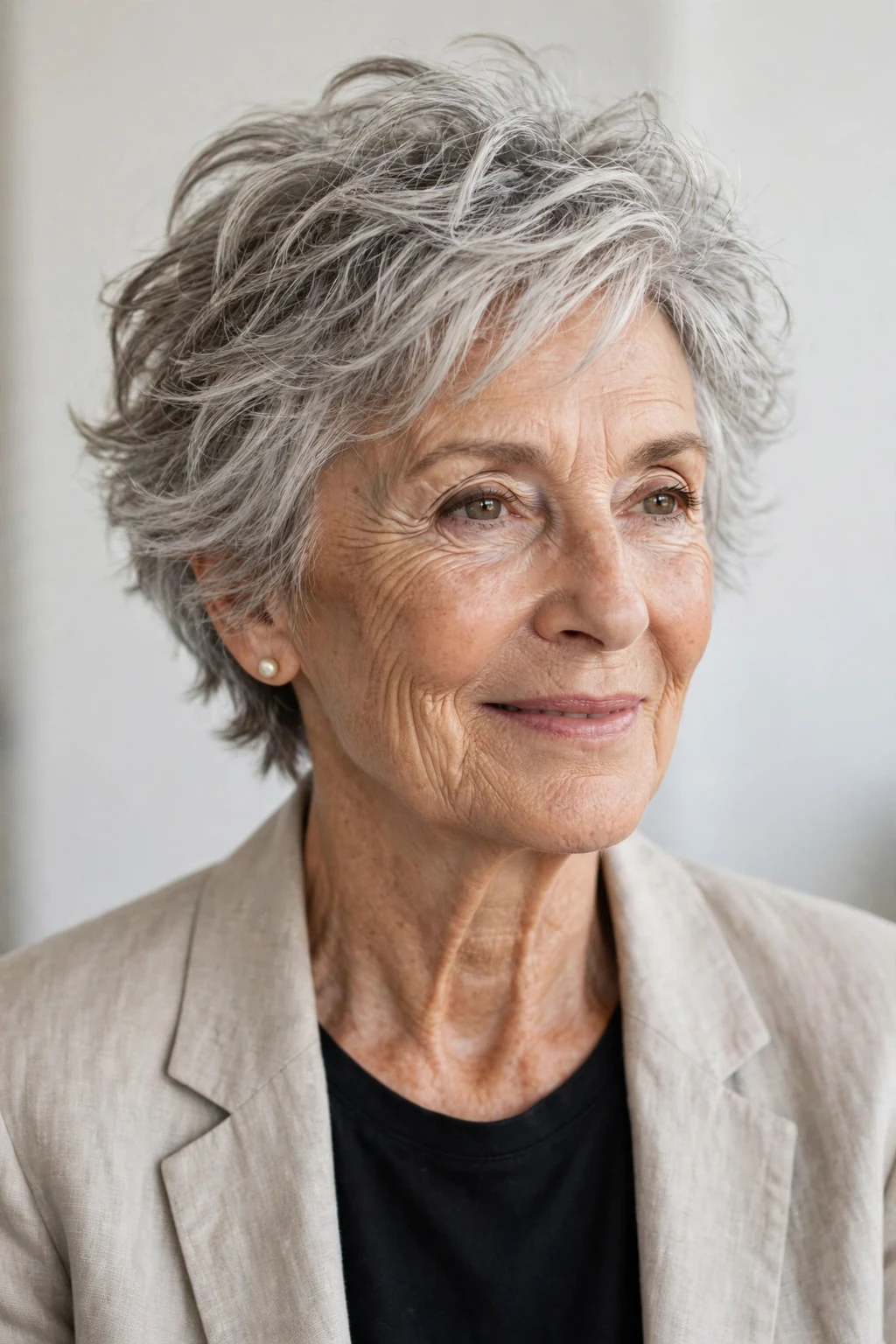 Elegant woman over 70 with tousled short cut, carefree chic texture, casual light.