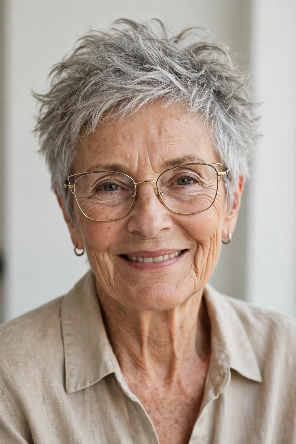 Elegant woman over 70 with glasses and tousled short cut, carefree chic texture, casual light.
