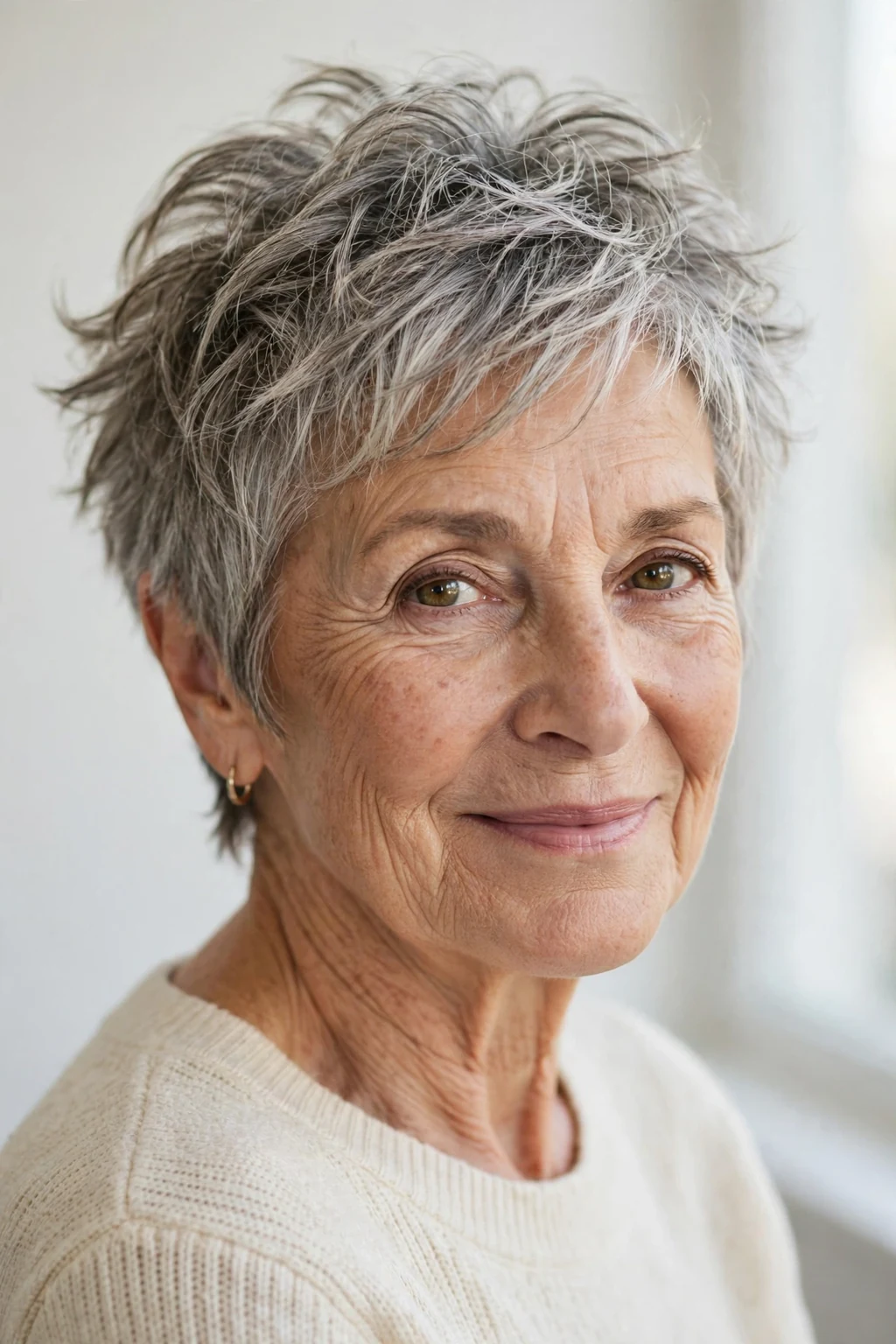 Elegant woman over 70 with tousled short cut, carefree chic texture, casual light.