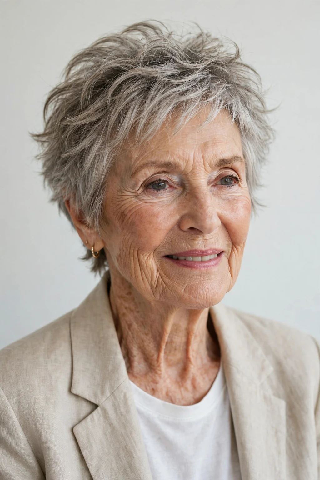 Elegant woman over 80 with tousled short cut, carefree chic texture, casual light.