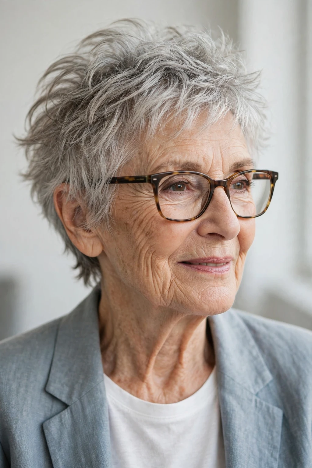 Elegant woman over 80 with glasses and tousled short cut, carefree chic texture, casual light.