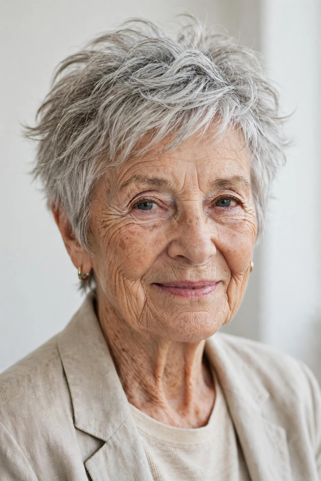 Elegant woman over 80 with tousled short cut, carefree chic texture, casual light.