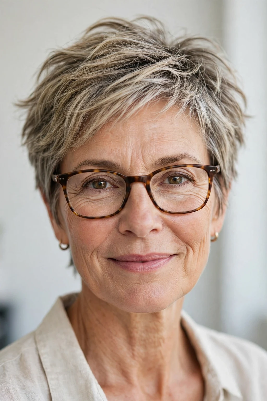 Elegant woman over 50 with glasses and tousled short cut, carefree chic texture, casual light.